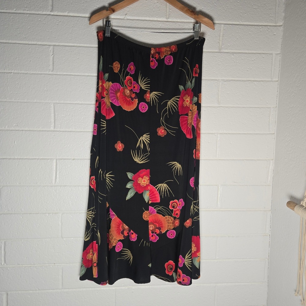 Chico's Travelers Slinky Maxi Skirt 2 Large Moody Garden Floral Asian Inspired